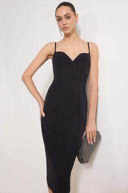 Siyah Ask?l? Dokuma Midi S?k/Gece Elbise Elbise TWOSS26EL00114