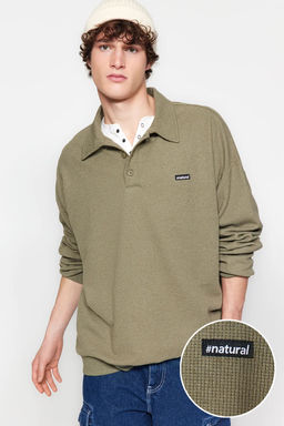 TRENDYOL MAN Siyah Erkek Oversize/Genis Kesim Etiketli Dokulu Pamuklu Polo Yaka Sweatshirt TMNAW24SW00224