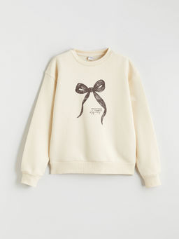 Fiyonk Bask?l? K?z ?ocuk Kal?n Sweatshirt