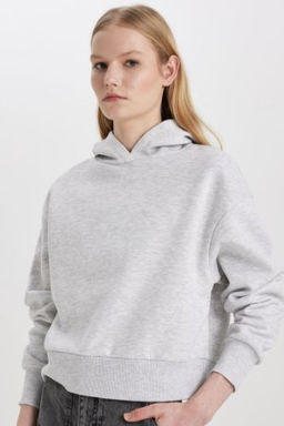 Boxy Fit Kapusonlu Kal?n Basic Duz Sweatshirt