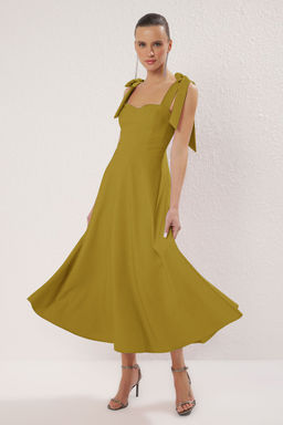 Yag Yesili A-Kesim Ask? Baglama Detayl? Dokuma Midi S?k Abiye Gece Mezuniyet Elbisesi TPRSS24EL00251