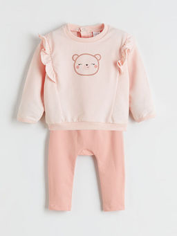 Bask?l? K?z Bebek Sweatshirt ve Pantolon 2li