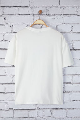 TRENDYOLMILLA Ekru %100 Pamuk Oversize/Genis Kal?p Bask?l? Orme T-Shirt TWOSS25TS00166  фото 7