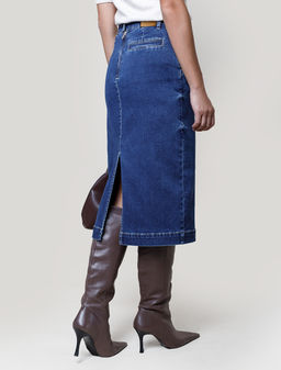 Джинсовая юбка прямая с разрезом и декоративной стиркой из эластичного денима - Vilatte фото 2