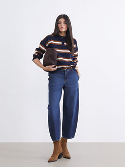 Polo Yaka ?izgili Kad?n Triko Kazak