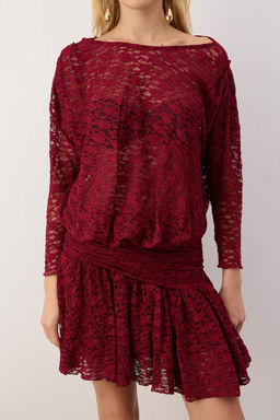 Bordo Boho Orme Dantel Mini Elbise TPRAW26EL00046