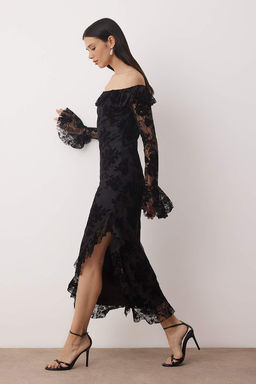 Siyah F?rf?rl? Flok Tul Bask?l? Maxi Astarl? Elbise TPRAW26EL00083