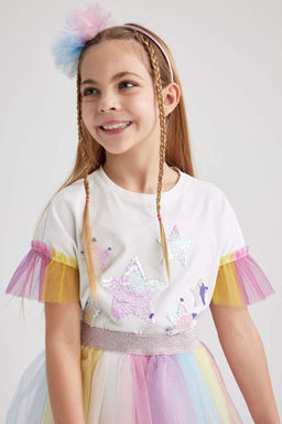 Белая футболка с короткими рукавами из тюля с принтом для девочек