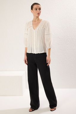 TRENDYOLMILLA Beyaz Pamuklu Kumas Dantel Detayl? Regular Normal Kal?p Dokuma Gomlek TWOSS25GO00030  фото 2