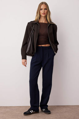Lacivert Wide Leg/Genis Paca Pileli Dokuma Kumas Pantolon TWOSS21PL0155