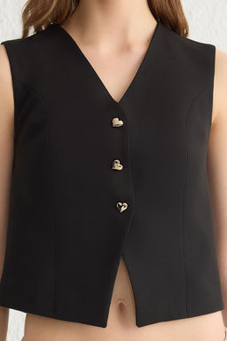 Siyah Fitted Crop Kalpli Dugmeli Dokuma Yelek TWOSS25YE00015