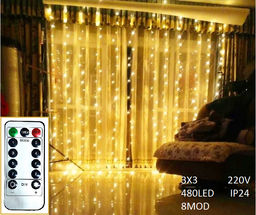 Гирлянда занавес желтая, 3х3м, 220В, 600led, 8режимов, Пульт управления