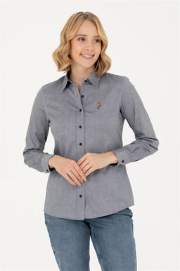 Женская базовая рубашка темно-синего меланжевого цвета с длинным рукавом Неожиданная скидка в корзине