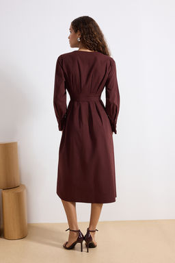 Kahverengi Kusakl? Dugmeli Midi Dokuma Gomlek Elbise TWOSS26EL00056