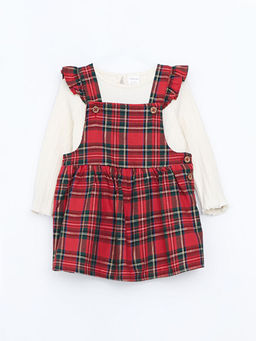 Ekose Desenli K?z Bebek Salopet ve Bluz 2li Tak?m