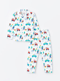 Polo Yaka Uzun Kollu Bask?l? Erkek Bebek Pijama Tak?m