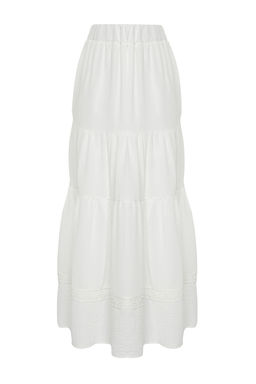 Ekru Etek Ucu Dantel Detayl? Keten Gorunumlu Klos Maxi Dokuma Etek TWOSS24ET00170