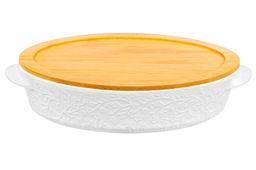 Блюдо д/зап и серв 35*24*8 см 2,5 л Веточки-цветочки овал + дерев. крышка-подставка