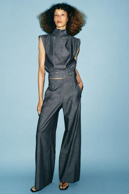 HIGH-WAIST WIDE-LEG LINEN BLEND TROUSERS
