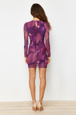 TRENDYOLMILLA Mavi Bask?l? Tul Fitted/Vucuda Oturan Esnek Mini Orme Elbise TWOAW24EL00135 фото 24