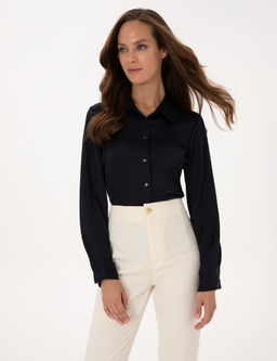 Lacivert Comfort Fit Uzun Kollu Saten G_mlek