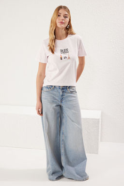 Trendyolmilla Ekru %100 Pamuk Regular/Normal Kal?p Slogan Bask?l? Orme T-Shirt TWOSS25TS00047 фото 2