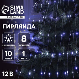 Гирлянда Конский хвост 10 нитей по 1 м, IP20, серебристая нить, 100 LED, свечение белое, 8 режимов, 12 В