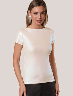 Футболка облегающая из хлопка в рубчик с вырезом лодочка с матовым покрытием металлик - Vilatte фото 5