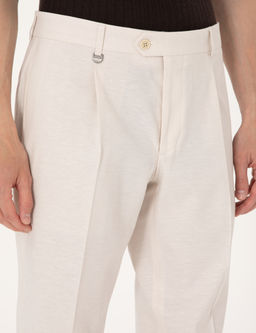 Bej Slim Fit Keten Kar___ml_ Pileli Kuma_ Pantolon
