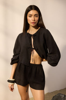 Siyah Dokuma %100 Keten Plaj Sort TBESS25SR00013