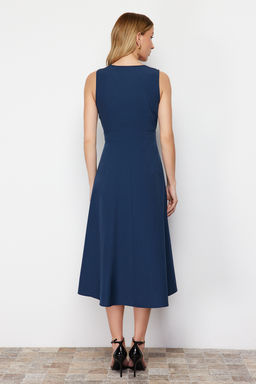 Lacivert A Kesim Kruvaze Yaka Dugme Detayl? Midi Dokuma Elbise TWOSS24EL00348 - Trendyolmilla фото 6