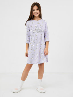 Хлопковая сорочка в расцветке зайки на сиреневом для девочек