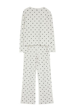 Beyaz %100 Pamuklu Puantiye ve Kalpli Orme Pijama Tak?m? THMAW25PT00039