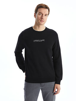 Bisiklet Yaka Bask?l? Erkek Kal?n Sweatshirt