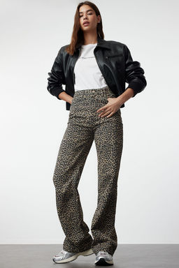 Cok Renkli Leopar Bask?l? Kahverengi Yuksek Bel Wide Leg Jeans TWOSS24JE00286