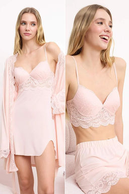 Pudra 4lu Dantel Detayl? Sabahl?k + Gecelik + Bralet + Sort Orme Pijama Tak?m? THMSS26PT00093