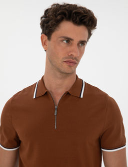Kahverengi Slim Fit Polo Yaka Fermuarl_ Triko Kazak - Pierre cardin фото 2