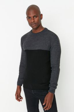 TRENDYOL MAN Siyah Slim Fit Dar Kesim Bisiklet Yaka Renk Bloklu Triko Kazak TMNAW21KZ0544 - Trendyolmilla фото 2