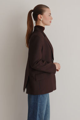 Kahverengi Koyu Mavi Cizgili Oversize Blazer Ceket TWOAW26BC00025