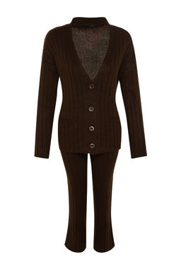 Kahverengi Genis Kal?p Yumusak Dokulu Triko Alt-Ust Tak?m TWOAW22AU0128