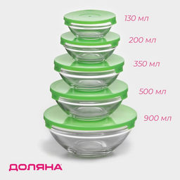 Салатники Доляна Классика, с крышками, набор 5 шт.: 900 /500/350/200/130 мл, стекло, зелёные  фото 11