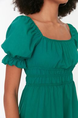 Yesil Skater/Belden Ac?lan Balon Kollu Astarl? Midi Dokuma Elbise TWOSS22EL1768