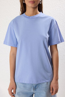 Ekru-Mavi 2li Paket %100 Pamuk Basic Dik Yaka Orme T-Shirt TWOSS20TS1500