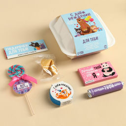 Подарочный набор С днём рождения в бенто коробке: леденец со вкусом грейпфрут-гуава 15 г., леденецы в тубусе мульти 32 г., жевательная резинка 15 г., молочный шоколад 27 г., печенье с предсказанием 6 г., жевательная конфета 10 г.