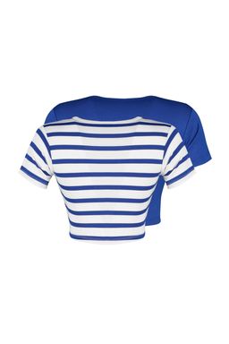 Premium Saks-Ekru Saks Cizgili 2li Paket Viskoz/Yumusak Kumas Crop Esnek Orme Bluz TWOSS23BZ00194