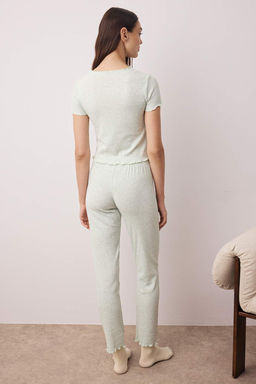 Mint Yaka ve Baby Overlok Detayl? Kiraz Aksesuarl? Fitilli Orme Pijama Tak?m? THMAW26PT00068