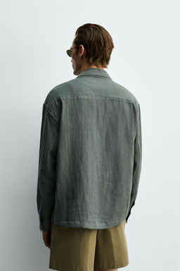 CAMISA RELAXED FIT 100% LINO PLIEGUES / Verde pato