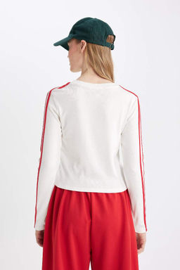 Женская белая классная футболка с круглым вырезом и длинными рукавами в рубчик с принтом - Defacto фото 8