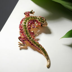 Брошь «Ящерица» тропическая, розово-зелёная в золоте