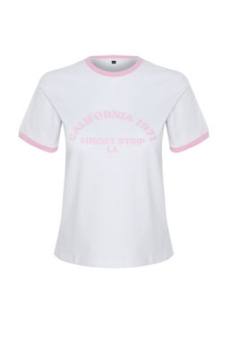 TRENDYOLMILLA Ekru %100 Pamuk Slogan Bask?l? Kontrast Biye Detayl? Orme T-Shirt TWOSS24TS00105 фото 7